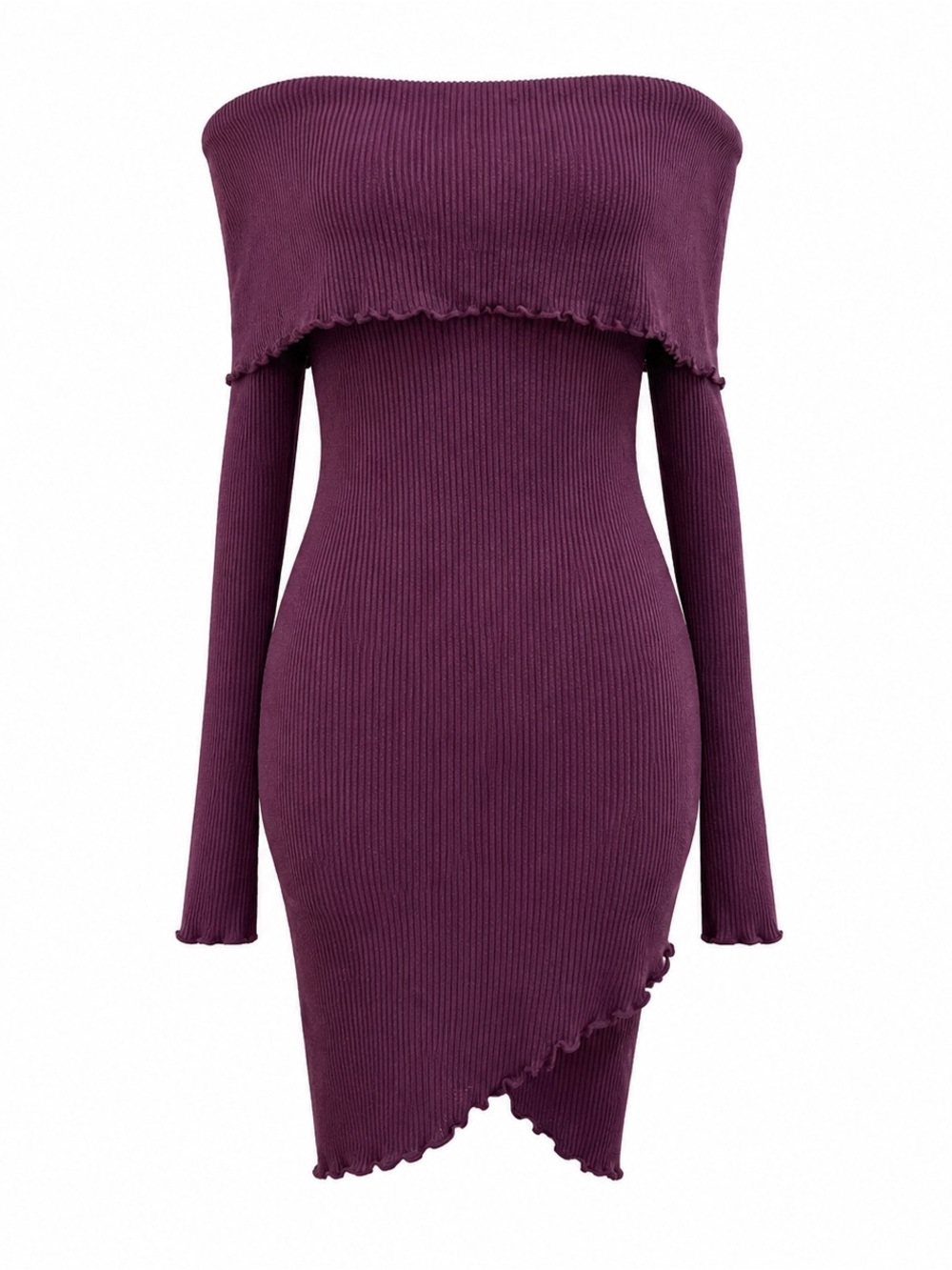 Windsor Off-Shoulder Ribbed Long Sleeve Dress in Plum